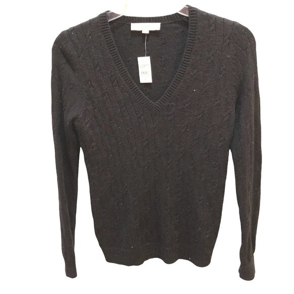 New LOFT V-Neck Womens Size Small Shimmer Black Cable Knit Sweater - Picture 2 of 11